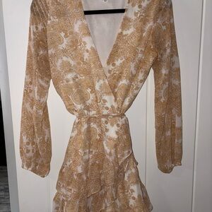 Tan Wrap Tie Front Sundress with Long Bishop Sleeves for Wedding Guest